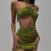 Minivestido fruncido con escote halter y aberturas Fever Ring